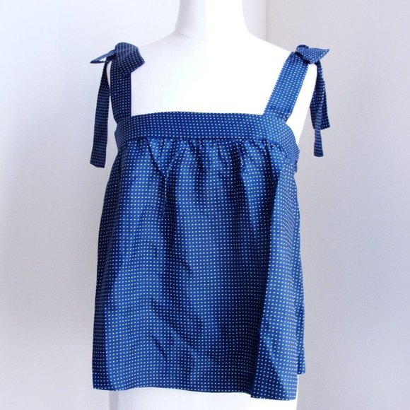 J Crew Tie Shoulder Silk Top Polka dot Navy Blue White Tank Cami Zip Bow 12 - Picture 5 of 16